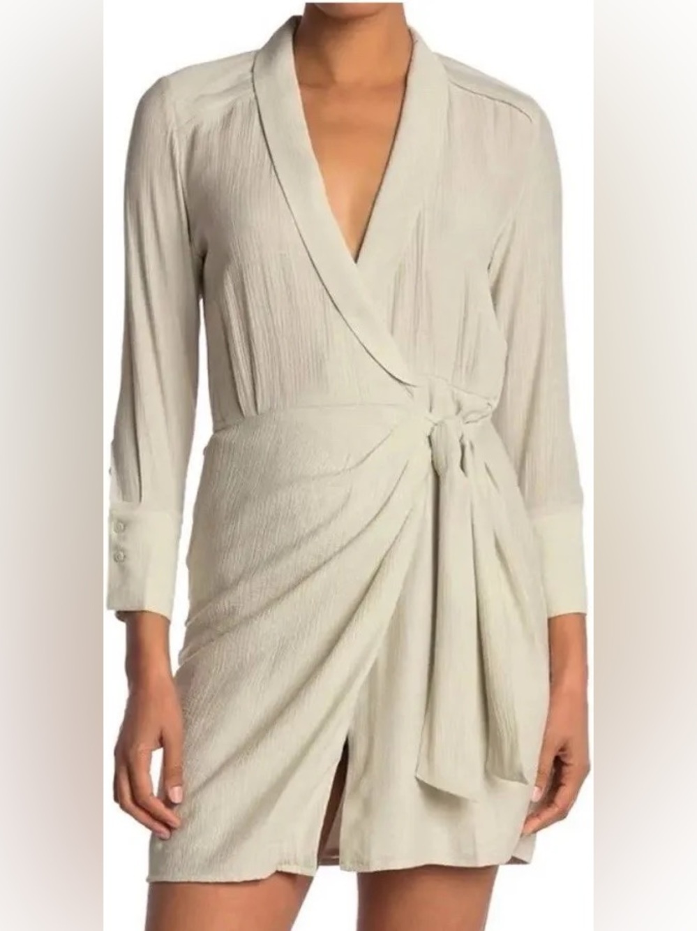 Brochu Walker Maddie Tie Front Wrap Shirt Dress in Beige Crepe